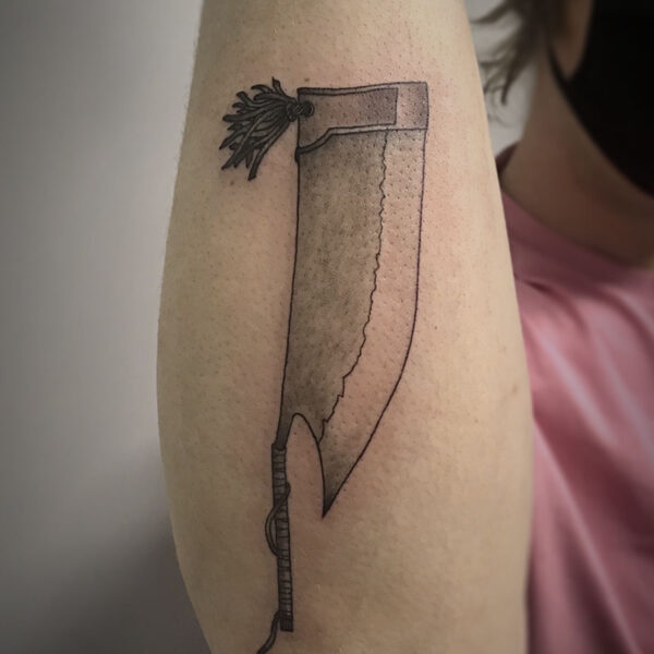 atticus tattoo, black and grey tattoo of an axe