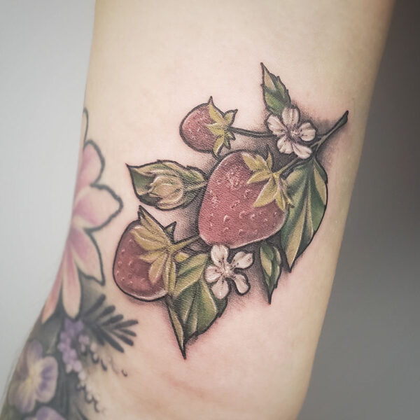 atticus tattoo, coloured tattoo of strawberries