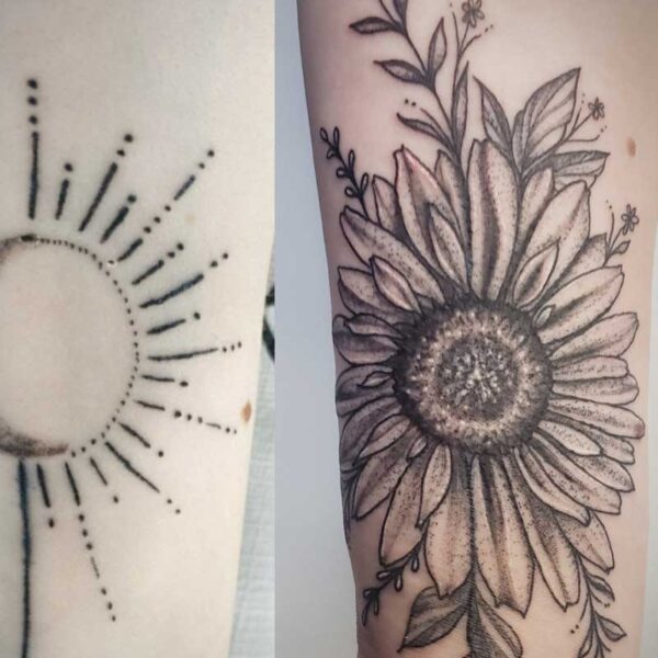 atticus tattoo, black and white tattoo of a sunflower cover up
