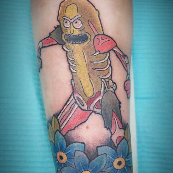atticus tattoo, coloured neotraditional tattoo of Pickle Rick