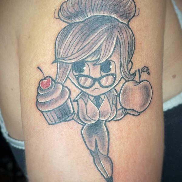 atticus tattoo, black and grey neotraditional tattoo of a cartoon girl wth a cupcake and cherry