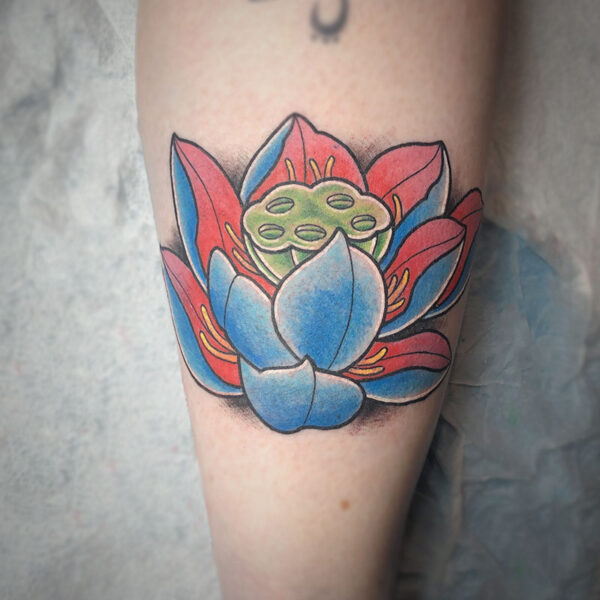 atticus tattoo, coloured neotraditional tattoo of a lotus