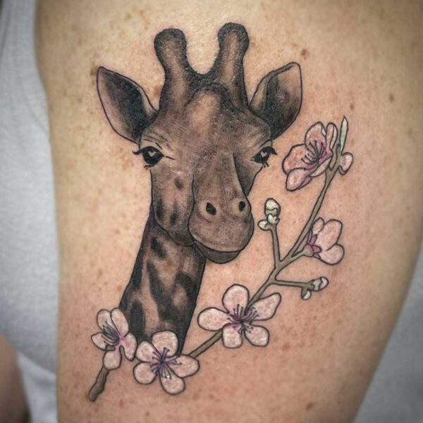 atticus tattoo, black and grey realism tattoo of a giraffe with white and pink cherry blossoms