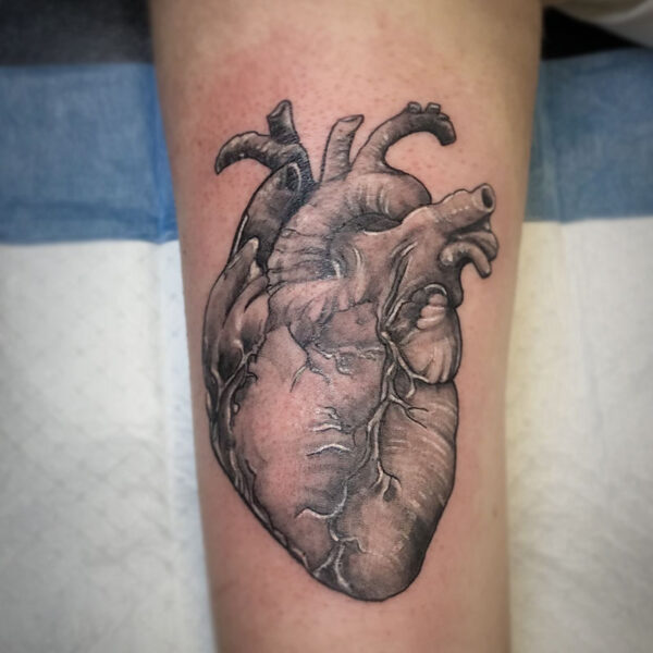 atticus tattoo, black and grey realism tattoo of a heart
