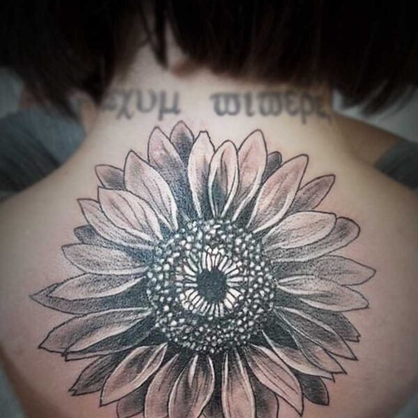 atticus tattoo, black and grey tattoo of sunflower