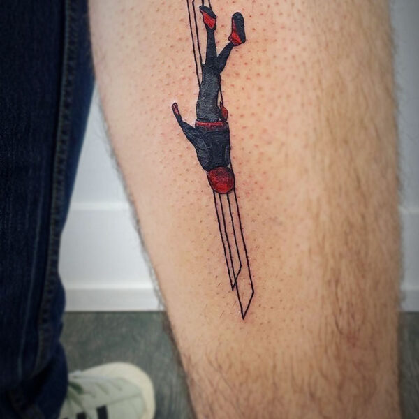 atticus tattoo, coloured tattoo of spider-man free falling