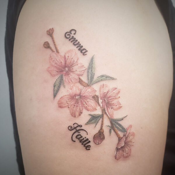 atticus tattoo, coloured tattoo of cherry blossoms