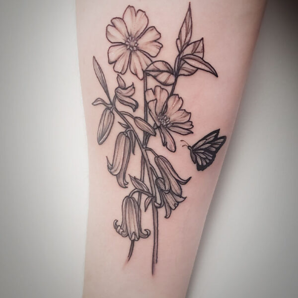 atticus tattoo, fine line tattoo of various flowers