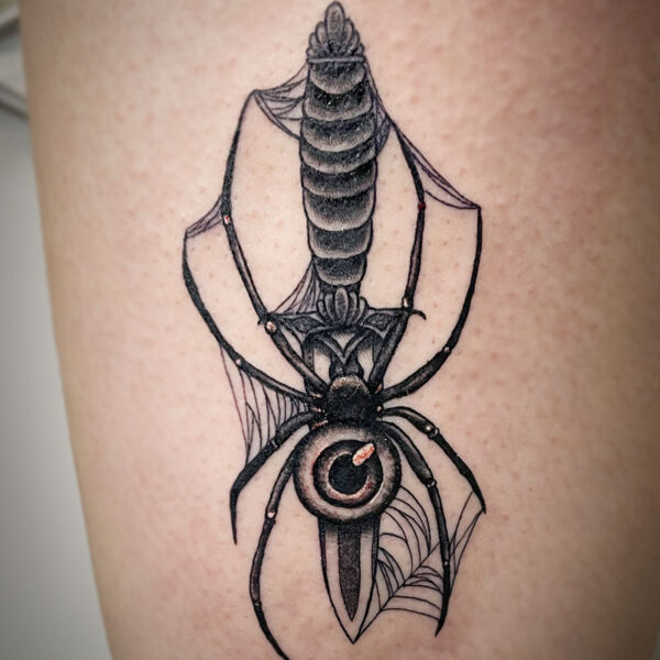 atticus tattoo, black and grey tattoo of a dagger and spider