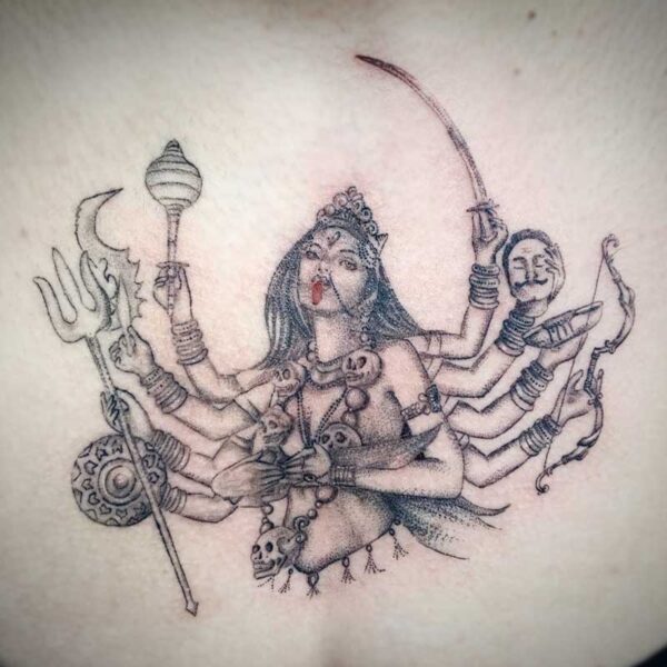 atticus tattoo, black and grey tattoo of the Hindu Goddess, Kali