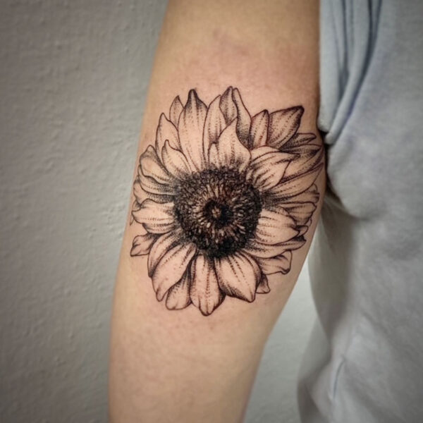 atticus tattoo, black and grey tattoo of a sunflower