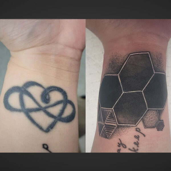 atticus tattoo, black cover up tattoo of several hexagons