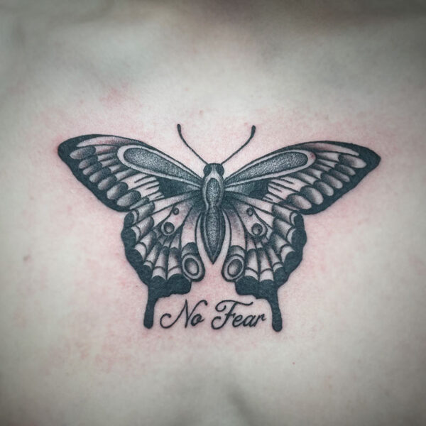 atticus tattoo, black and grey tattoo of butterfly