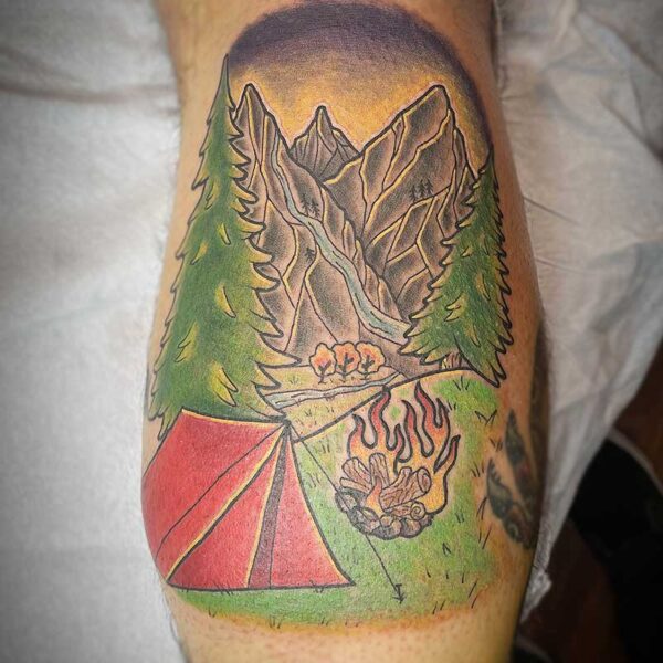 atticus tattoo, coloured neotraditional tattoo of a camping scene