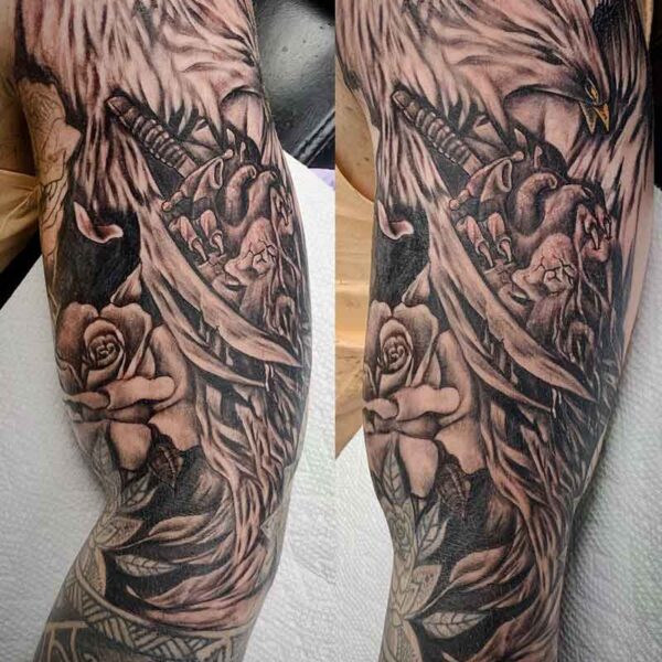 atticus tattoo, black and grey tattoo of roses and an eagle