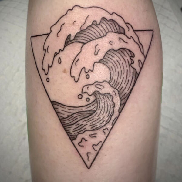 atticus tattoo, fine line tattoo of a triangle with waves coming out of it