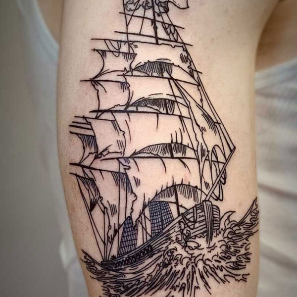 atticus tattoo, line tattoo of a sailing ship