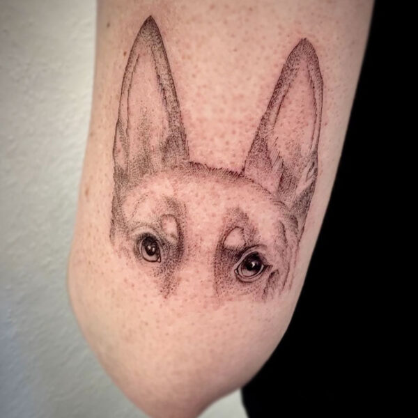 atticus tattoo, fine line tattoo of a dogs face but just from the eyes up