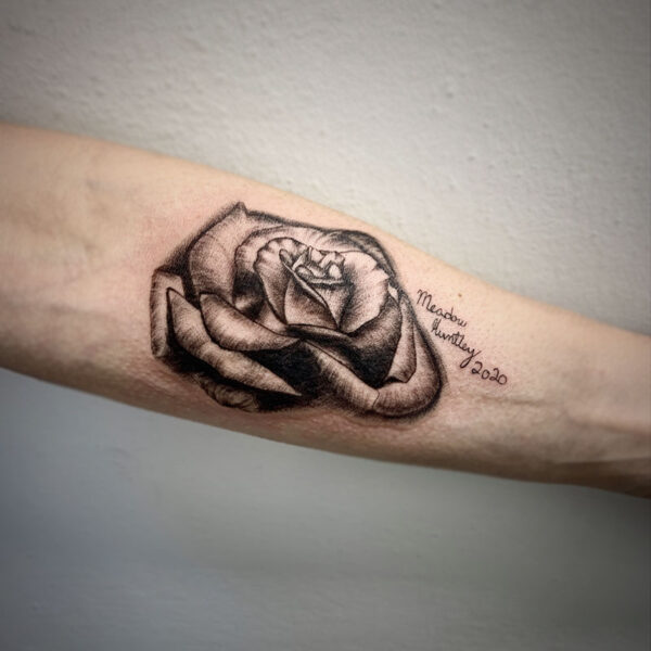 atticus tattoo, black and grey tattoo of a rose
