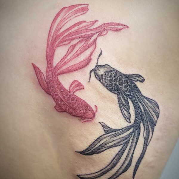 atticus tattoo, red and black tattoo of two beta fish