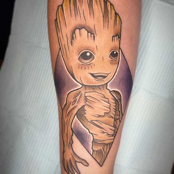 atticus tattoo, coloured neotraditional tattoo of baby Groot