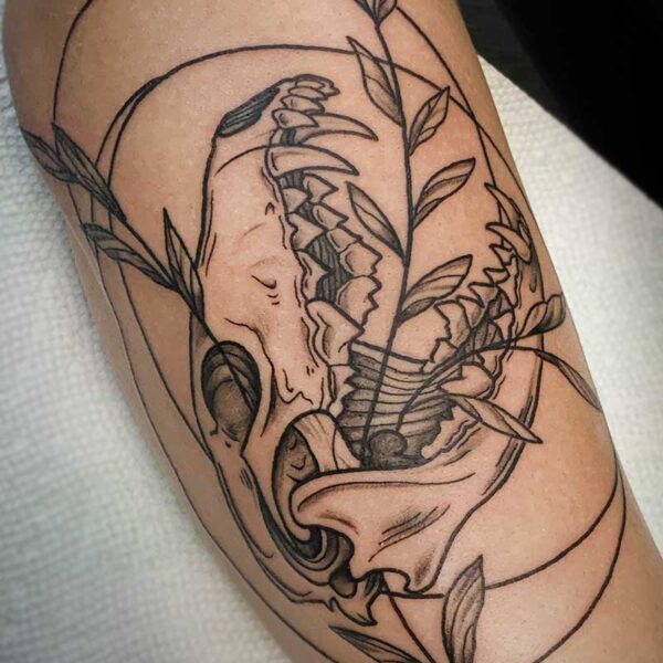 atticus tattoo, black and grey tattoo of a canine skull with vines coming out of it