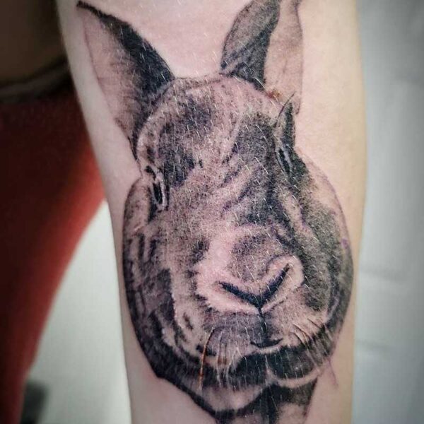 atticus tattoo, realism tattoo of a rabbit