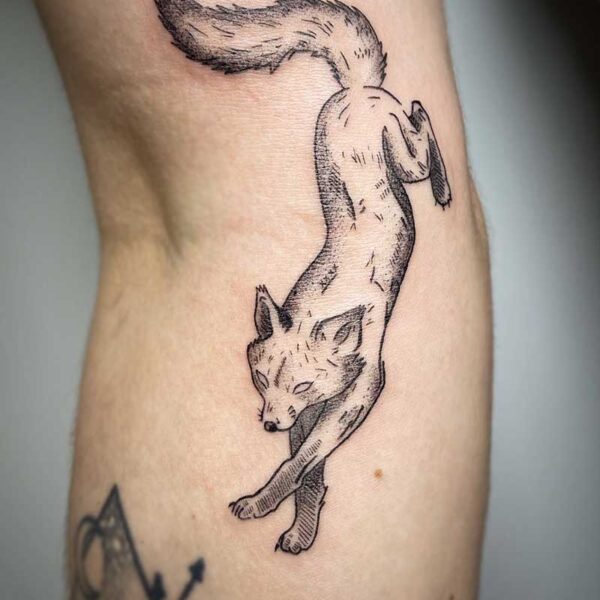 atticus tattoo, black and grey tattoo of a fox