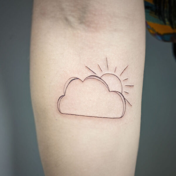 atticus tattoo, fine line tattoo of a cloud and sun
