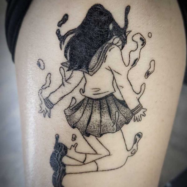 atticus tattoo, black and white tattoo of a girl in a school uniform turning into water