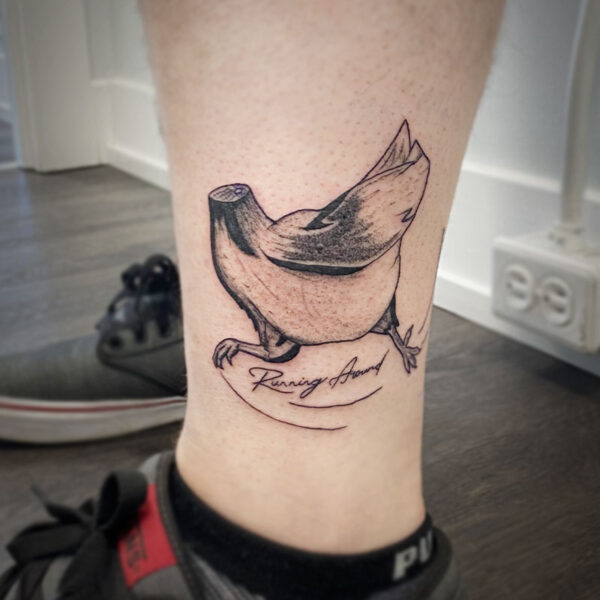 atticus tattoo, black and grey tattoo of a chicken running around with its head chopped off