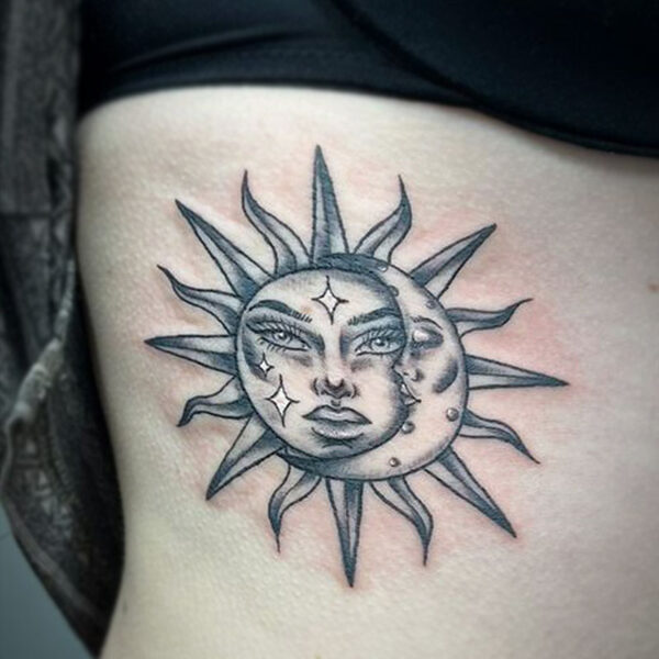 atticus tattoo, black and white tattoo of a sun and moon