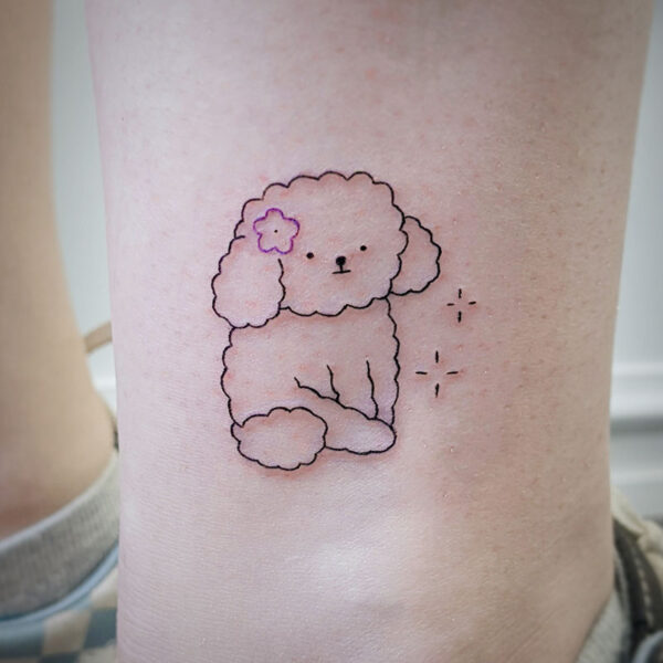 atticus tattoo, fine line tattoo of a cartoon poodle with a pink flower