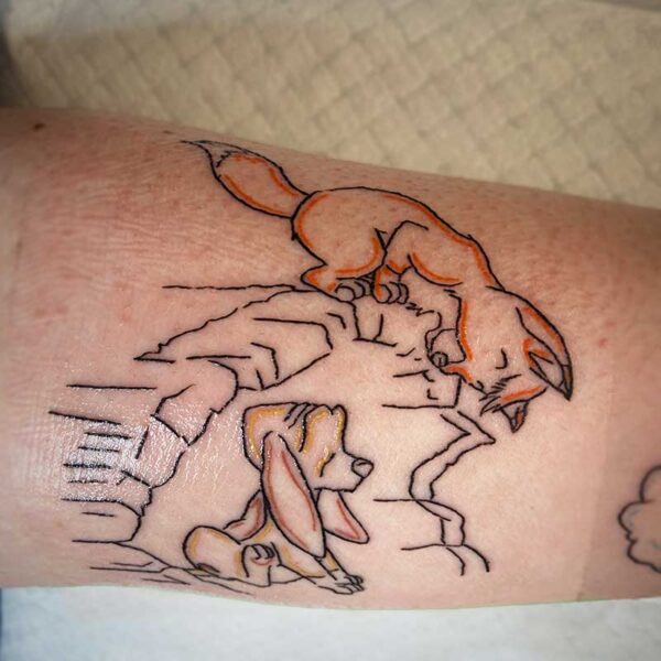 atticus tattoo, line tattoo of Copper and Todd from The Fox and The Hound