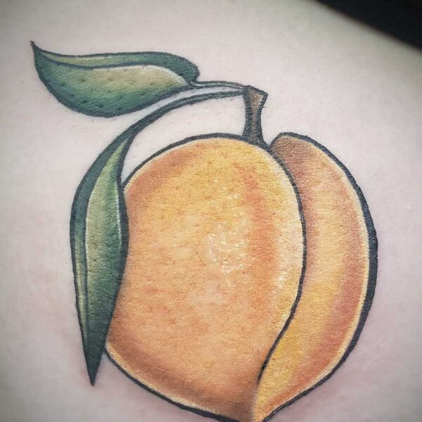 atticus tattoo, coloured tattoo of a peach