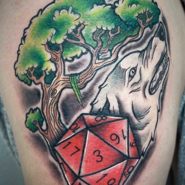atticus tattoo, coloured tattoo of a tree, wolf and 20 sided die
