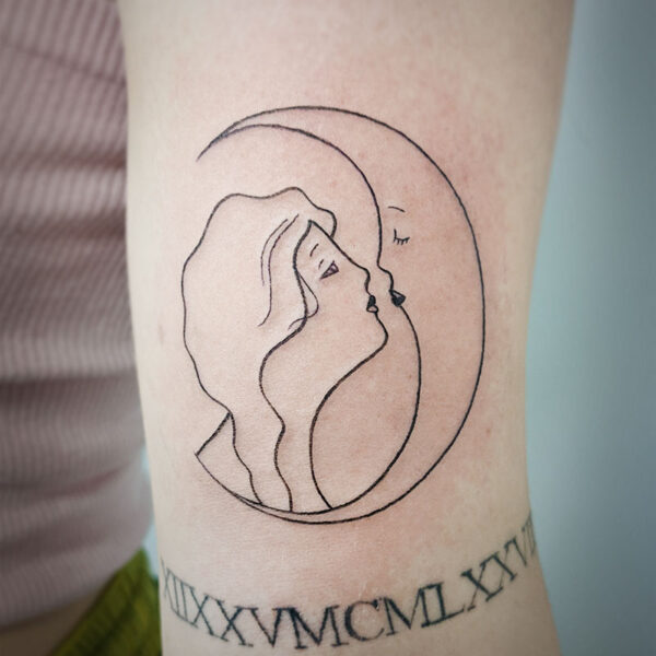 atticus tattoo, fine line tattoo of a woman kissing the moon
