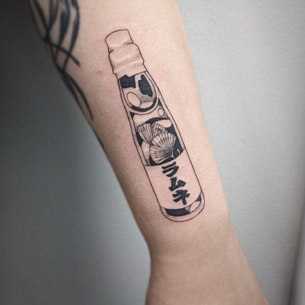 atticus tattoo, black and white tattoo of a decorated sake bottle