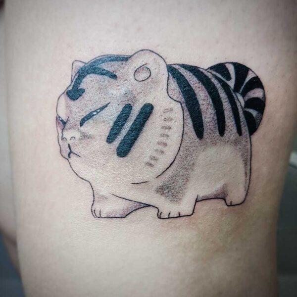 atticus tattoo, black and white tattoo of a chubby tiger
