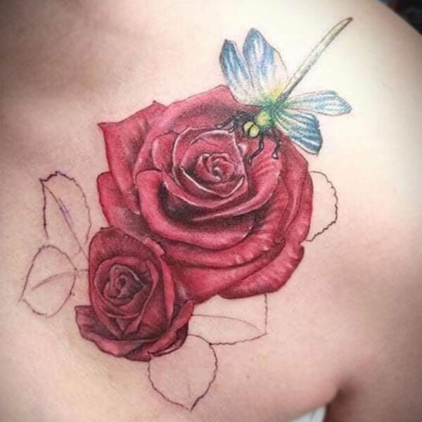 atticus tattoo, coloured realism tattoo of roses and a dragonfly