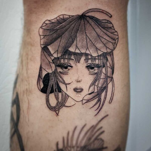 atticus tattoo, black and grey tattoo of an anime girl with a lily pad on her head