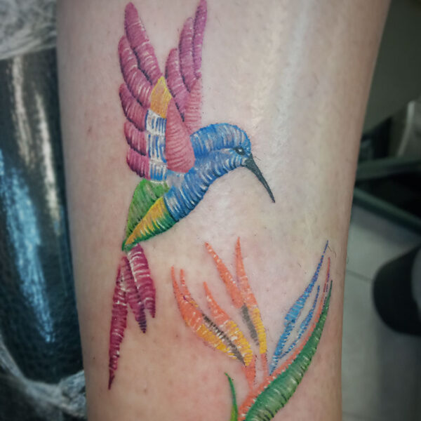 atticus tattoo, coloured, patch tattoo of a hummingbird