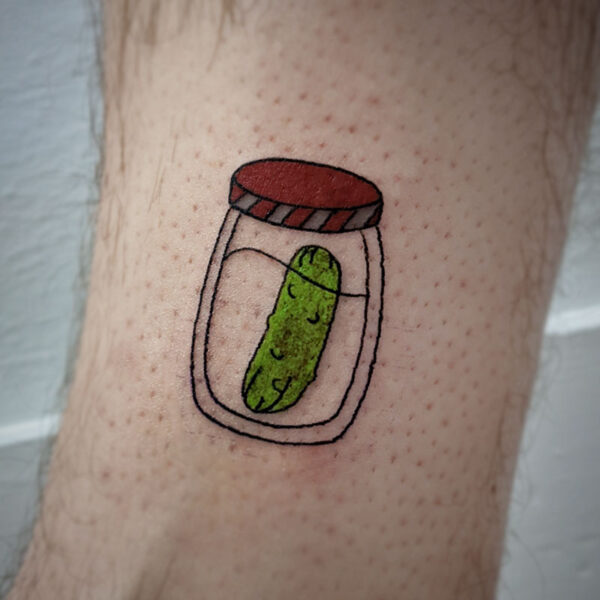 atticus tattoo, coloured tattoo of a small jar with a pickle