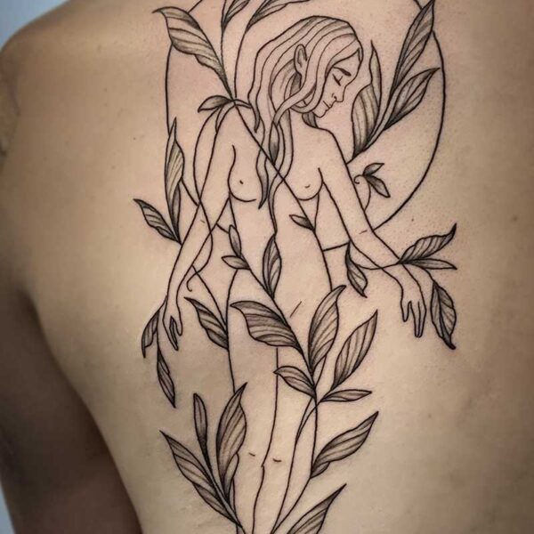 atticus tattoo, line tattoo of a naked woman with vines covering her body