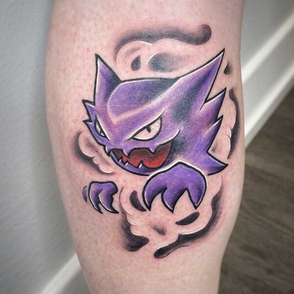 atticus tattoo, coloured tattoo of a Haunter from Pokemon