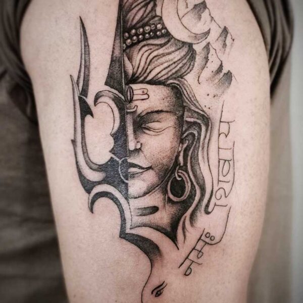 atticus tattoo, black and grey tattoo of Lord Shiva