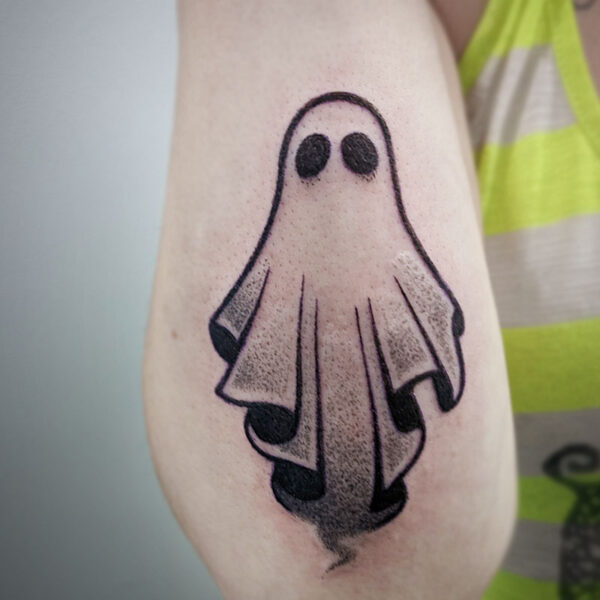 atticus tattoo, black and grey tattoo of a ghost