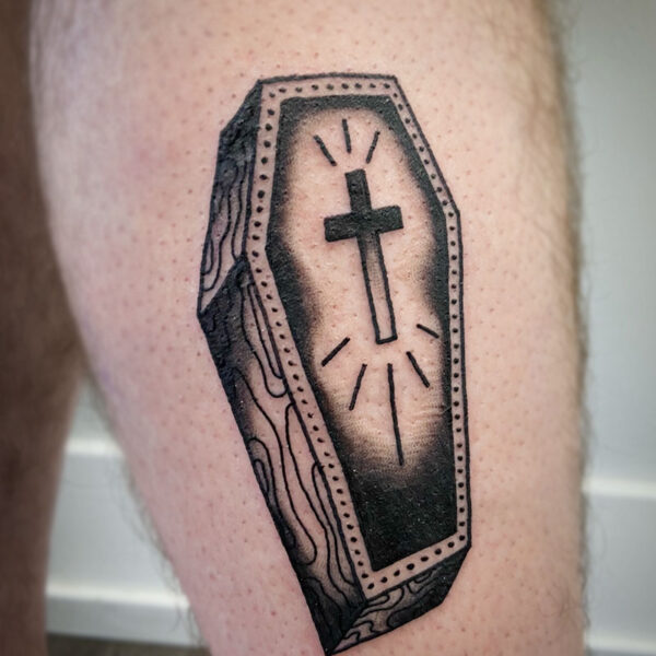 atticus tattoo, black and grey, traditional tattoo of a coffin