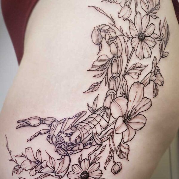 atticus tattoo, line tattoo of a scorpion with flowers