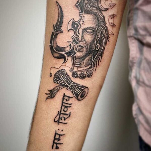 atticus tattoo, black and grey tattoo of Lord Shiva